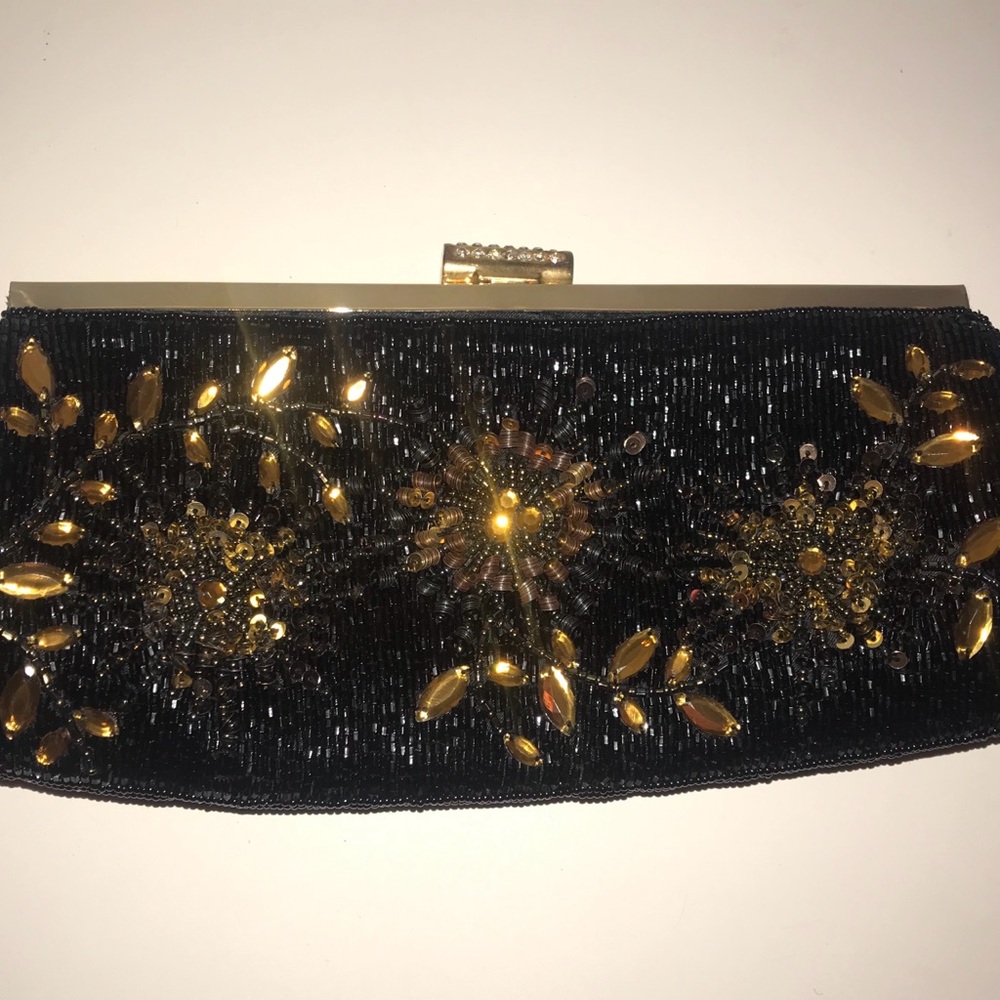 Lord & Taylor Black Beaded Clutch with Gold Embellishment